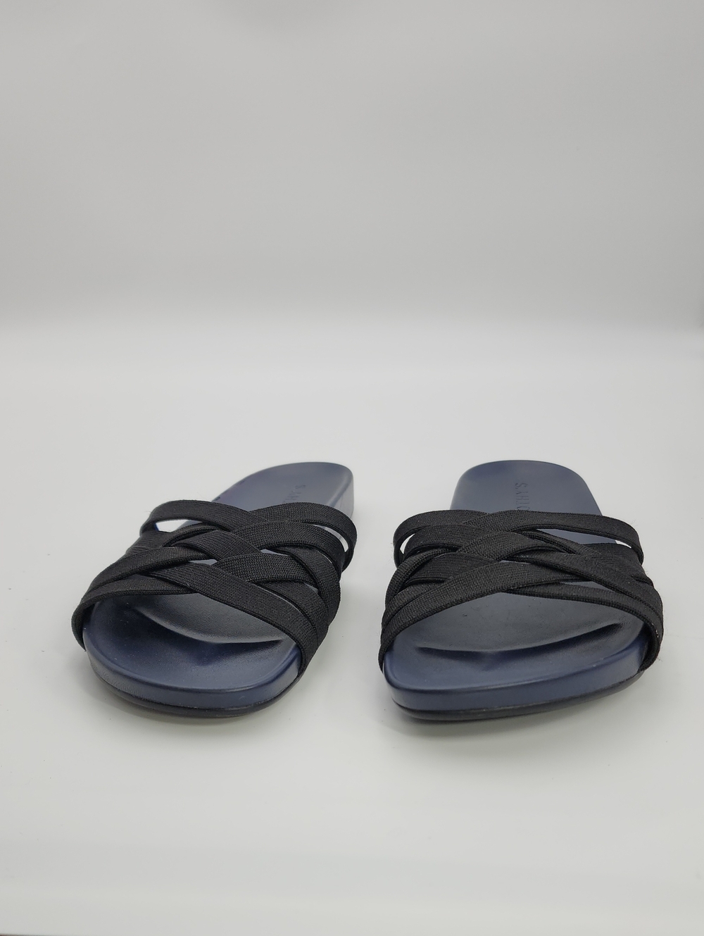 Rothy's The Slide Sandal Night Sky Black & Navy Blue Woven Straps Women's Sz 8.5